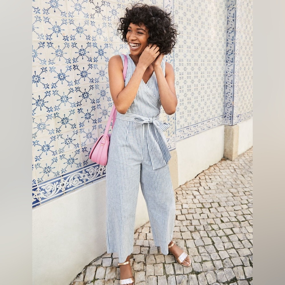 Boden Blue and White Striped Sleeveless Tie-Waist Jumpsuit